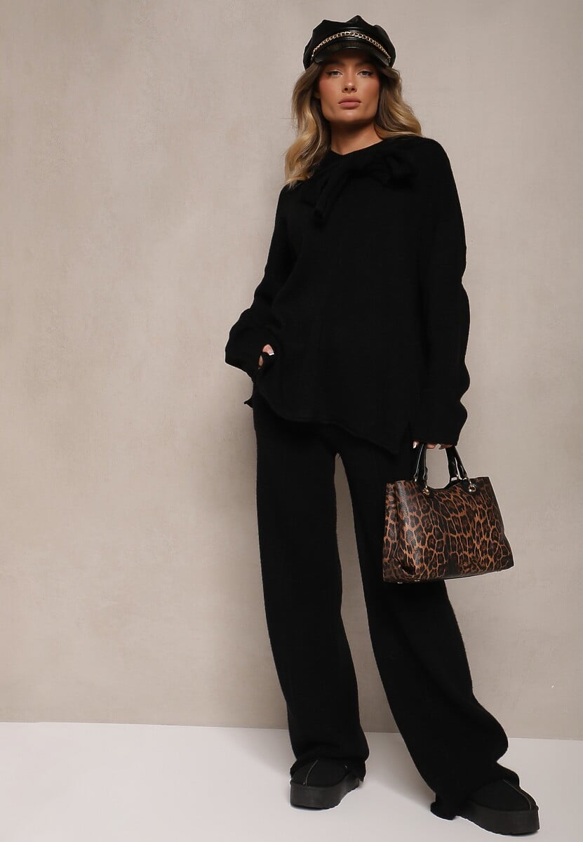 Czarny Komplet Oversize z Dzianiny Sweter z Wiązaniem i Spodnie o Szerokim Kroju Emmige