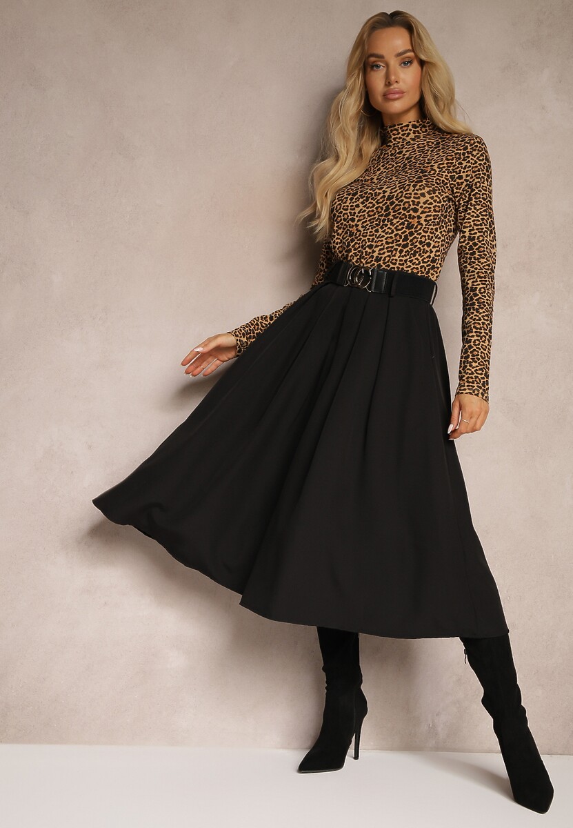 Czarna Spódnica Rozkloszowana z Paskiem Tenga