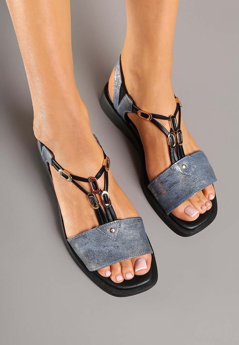 Niebiesko-Złote Sandały Ozdobione Aplikacjami i Metalicznym Połyskiem Tolienne