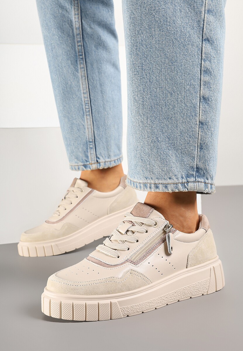 Beżowe Sneakersy z Naturalnej Skóry na Grubej Podeszwie z Suwakiem Soravelle