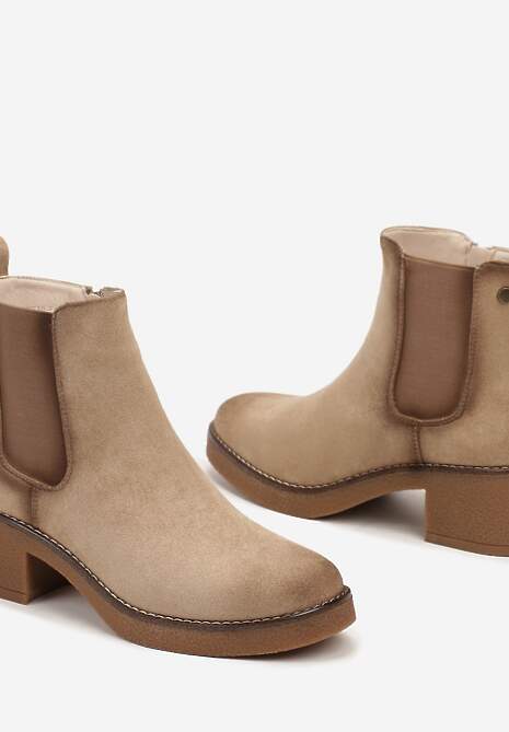 Beżowe Botki Typu Sztyblety z Ekozamszu na Obcasie Ellavia