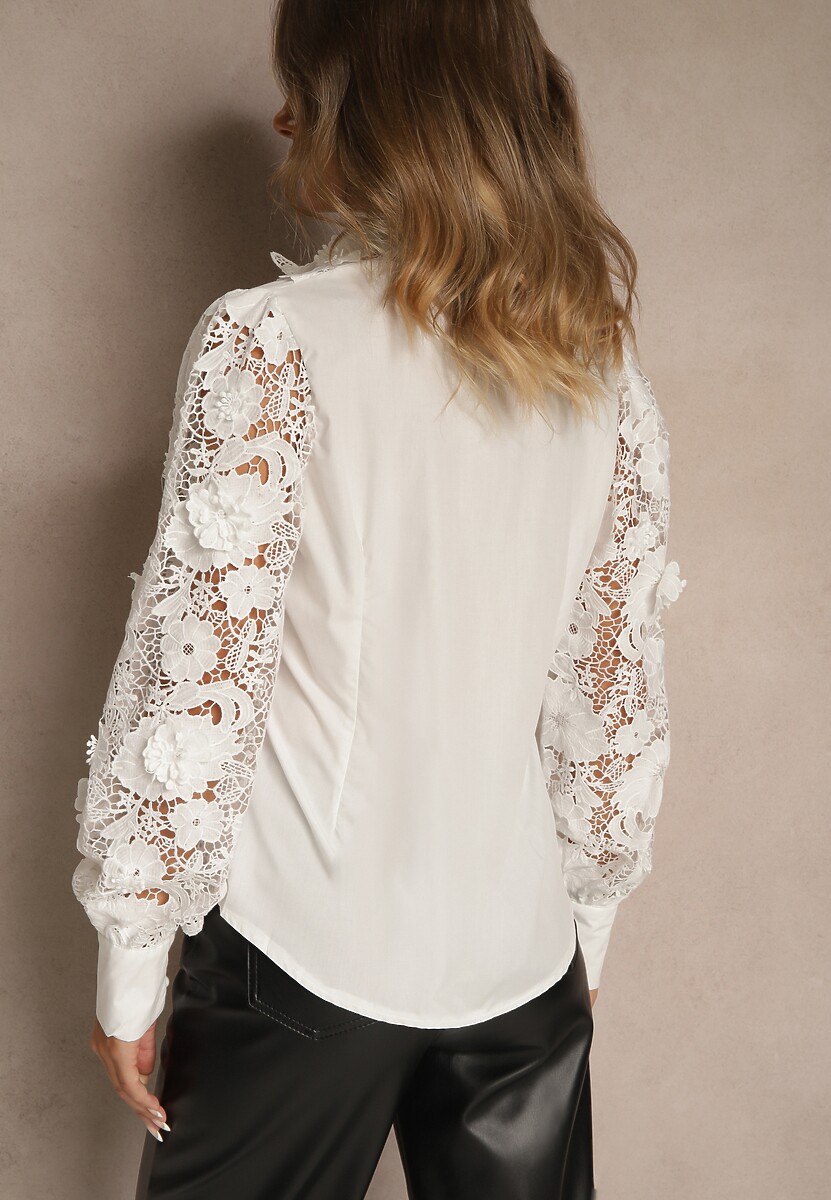 Biała Koszula Koronkowa Zapinana na Guziki Aneries