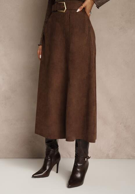 Brązowa Spódnica z Wiskozy z Bawełną z Imitacji Zamszu z Paskiem Oliweda