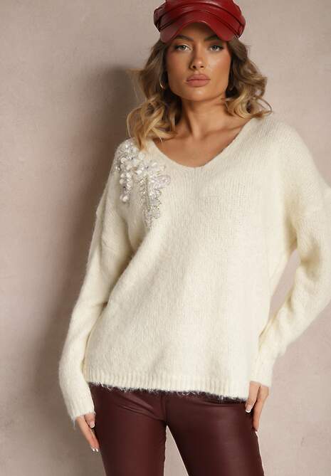 Jasnobeżowy Sweter z Wełną Ozdobiony Cekinami i Kwiatami 3D Calimi