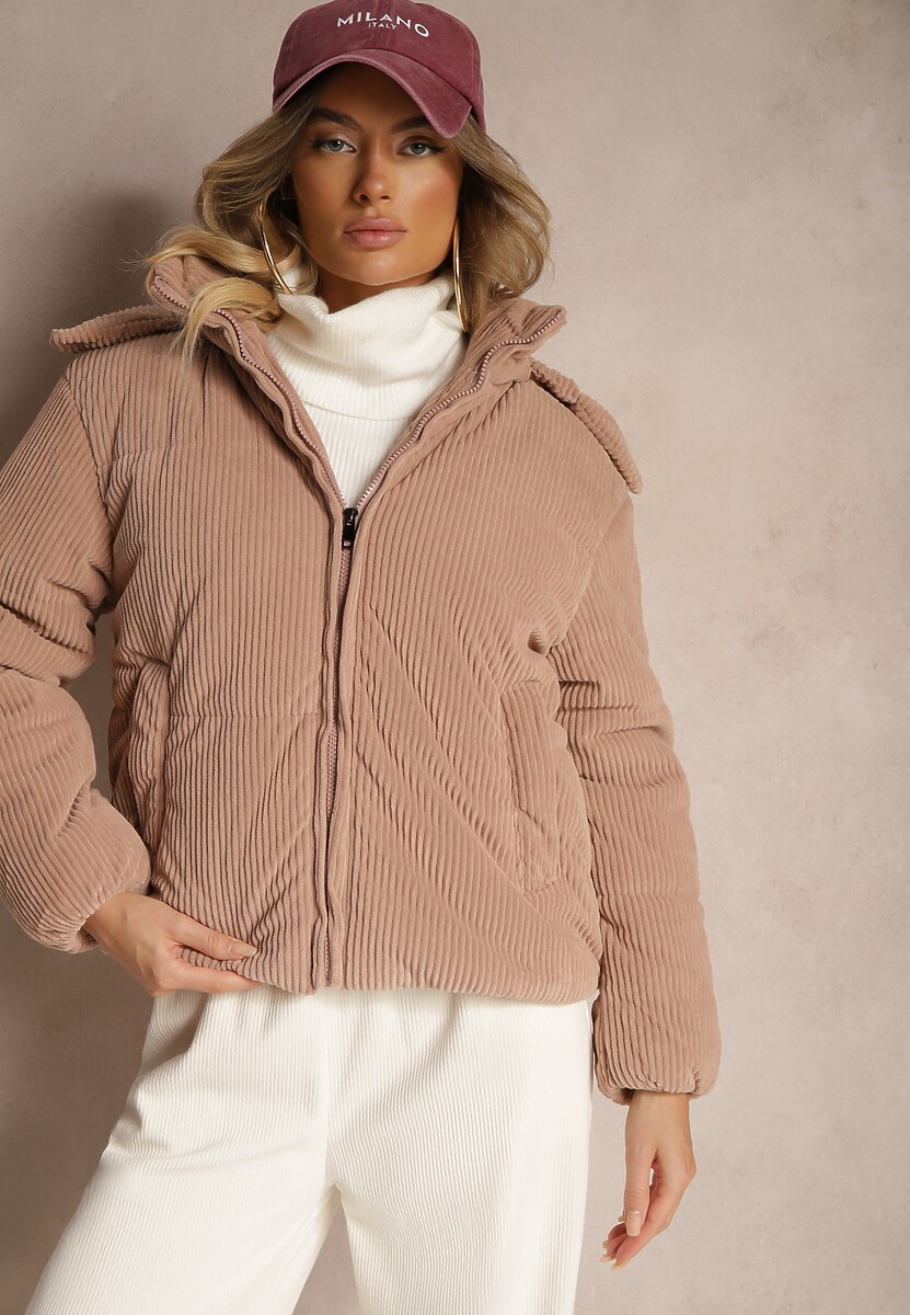 Brązowa Puchowa Kurtka Sztruksowa z Kapturem z Możliwością Odpięcia Sinrielle