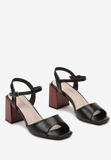 Czarne Sandały na Słupkowym Obcasie z Zapięciem wokół Kostki z Wkładką ze Skóry Lusella