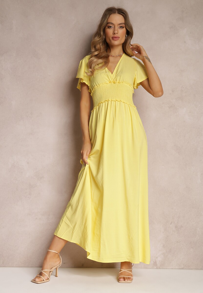 Żółta Wiskozowa Sukienka z Kopertowym Dekoltem i Gumką w Pasie Shura