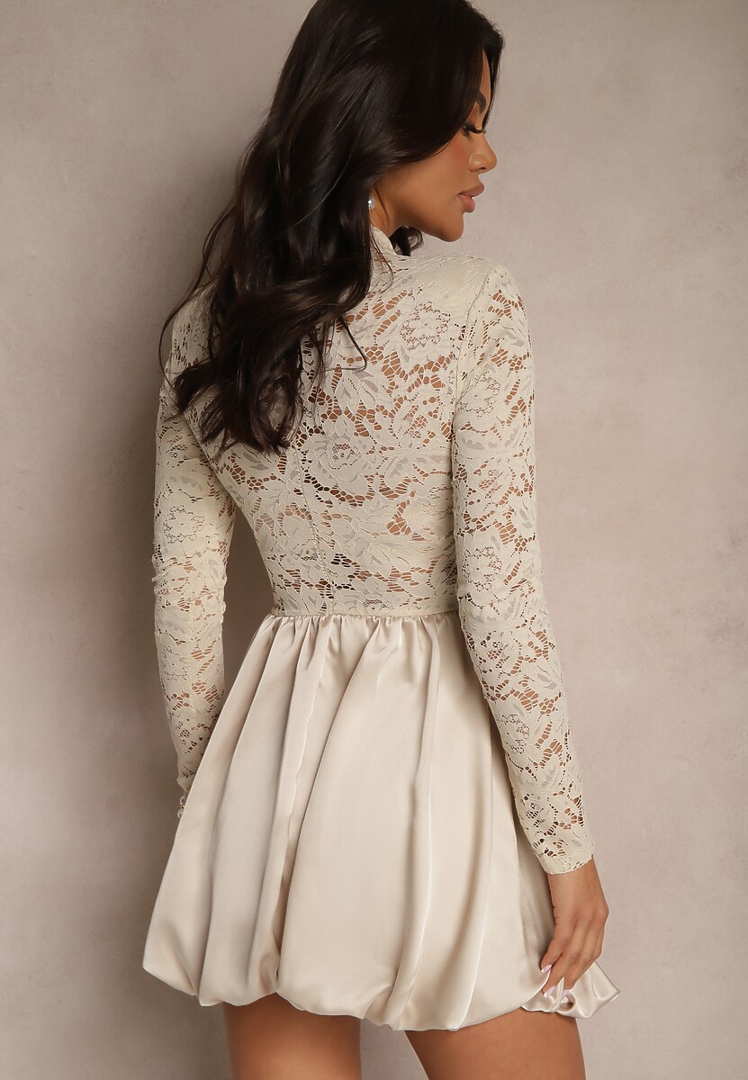Beżowa Koronkowa Sukienka Bombka o Rozkloszowanym Kroju z Wycięciem Desoriel