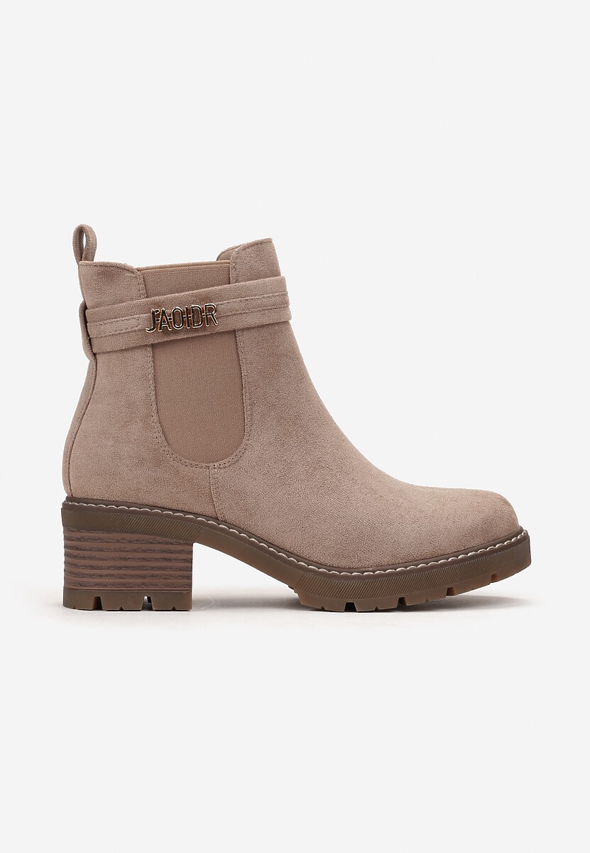 Ciemnobeżowe Botki na Słupku z Ozdobną Klamerką Martel