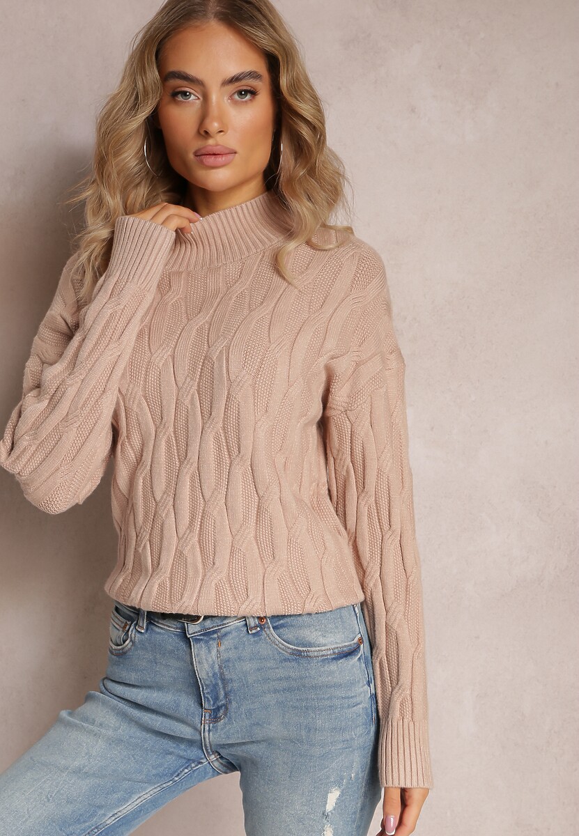 Beżowy Golf o Klasycznym Fasonie z Modnym Splotem i Ściągaczami Franka