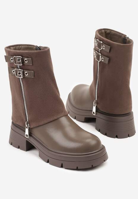 Brązowo-Szare Skórzane Botki Bikery Ozdobione z Wywiniętą Cholewką Klamrami i Suwakiem Adirrive