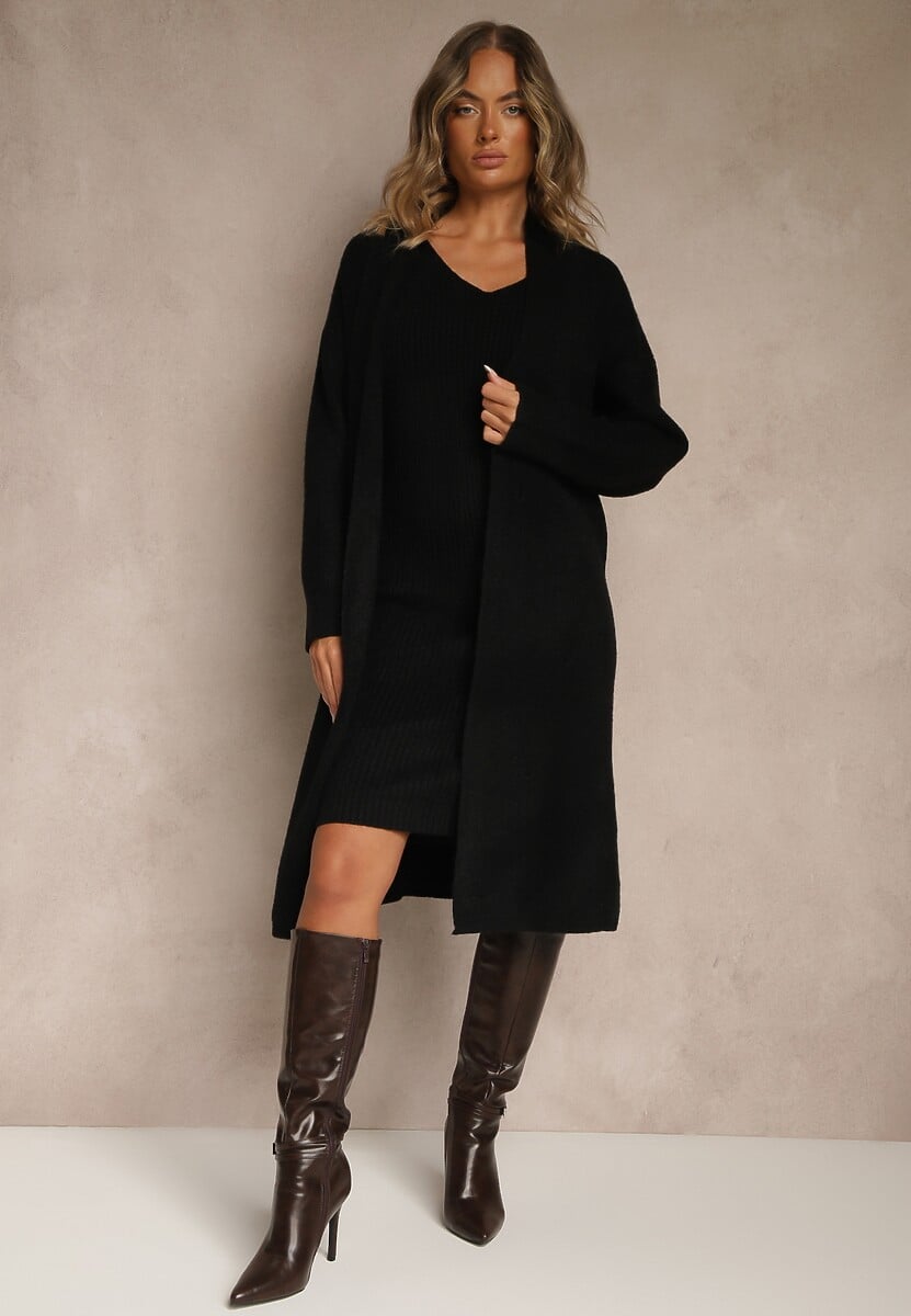 Czarny Dzianinowy Komplet z Wełną Prążkowana Sukienka i Długi Kardigan Falonessa
