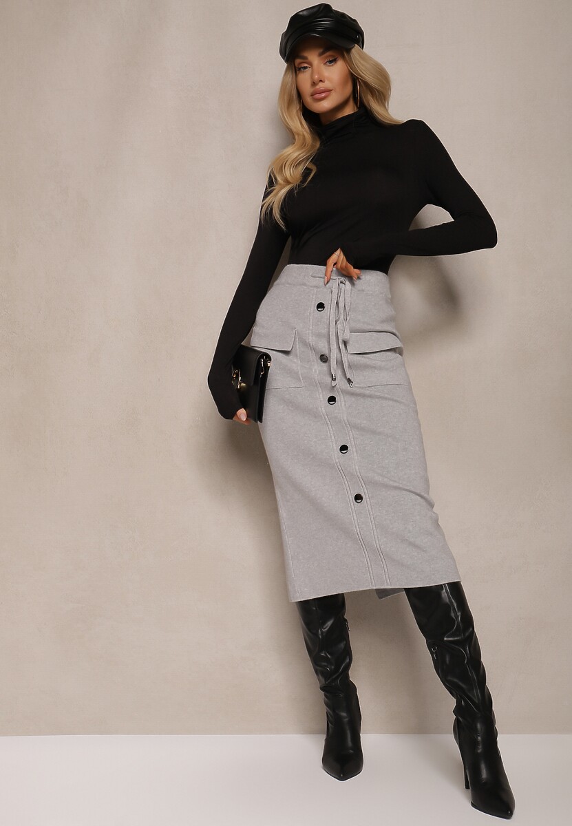 Jasnoszara Spódnica Ołówkowa z Kaszmirem High Waist z Ozdobnymi Guzikami i Kieszeniami Edithwen