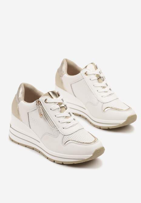 Białe Metaliczne Sneakersy ze Skóry Naturalnej na Koturnie z Ozdobnym Suwakiem Tarivone