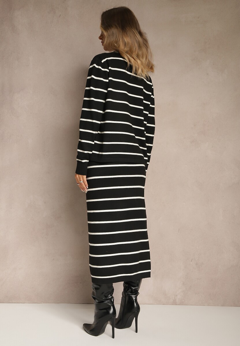 Czarny Komplet z Wiskozą Spódnica i Bluzka z Guzikami Ozdobione Paskami Forrive