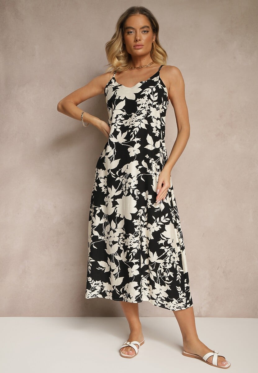Czarno-Kremowa Sukienka z Wiskozą o Rozkloszowanym Kroju w Kwiaty Thirimi