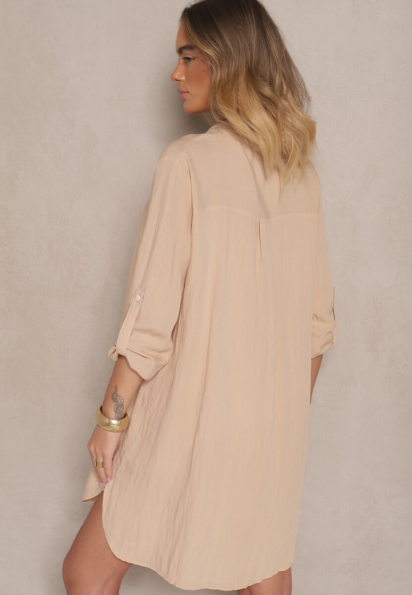 Beżowa Pudełkowa Sukienka Bawełniana Oversize z Dekoltem w Serek Elavellis