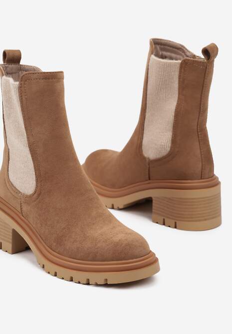 Ciemnobeżowe Botki na Słupku w Stylu Sztybletów z Elastyczną Gumką Ciandra
