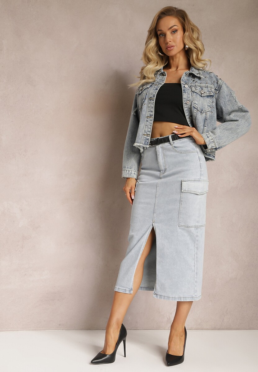 Jasnoniebieska Jeansowa Spódnica Midi o Fasonie Cargo z Rozcięciem Codie