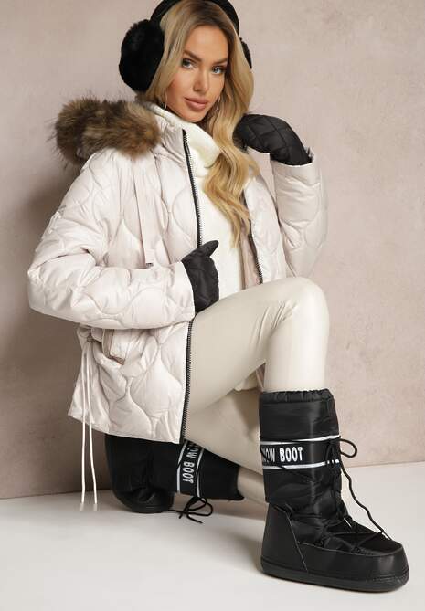 Beżowa Kurtka Pikowana z Kapturem i Futrem z Możliwością Odpięcia Ravinea