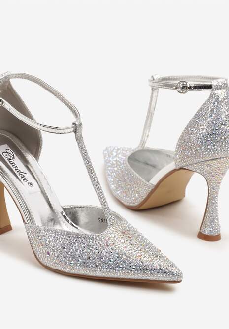 Srebrne Cyrkoniowe Sandały na Szpilce ze Szpiczastym Noskiem Ulonella