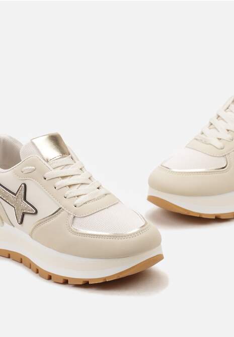 Beżowe Sneakersy na Niskiej Platformie z Ozdobnymi Wstawkami na Cholewce Suno