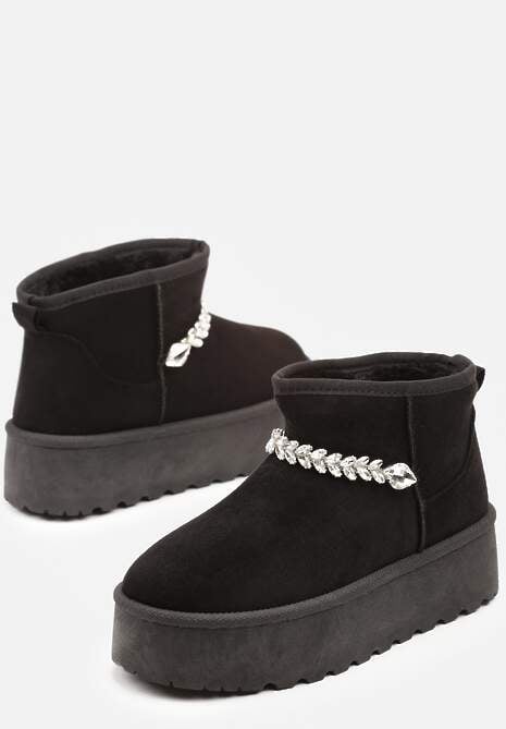 Czarne Śniegowce na Grubej Podeszwie z Ekozamszu Ozdobione Cyrkoniowym Łańcuszkiem Ninnalith