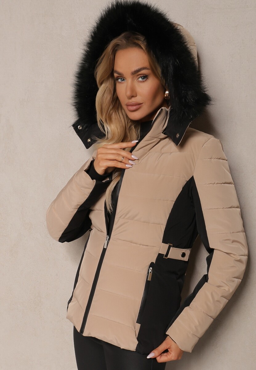 Ciemnobeżowa Taliowana Kurtka z Pikowanym Przeszyciem i Kapturem z Futerkiem Sagiola