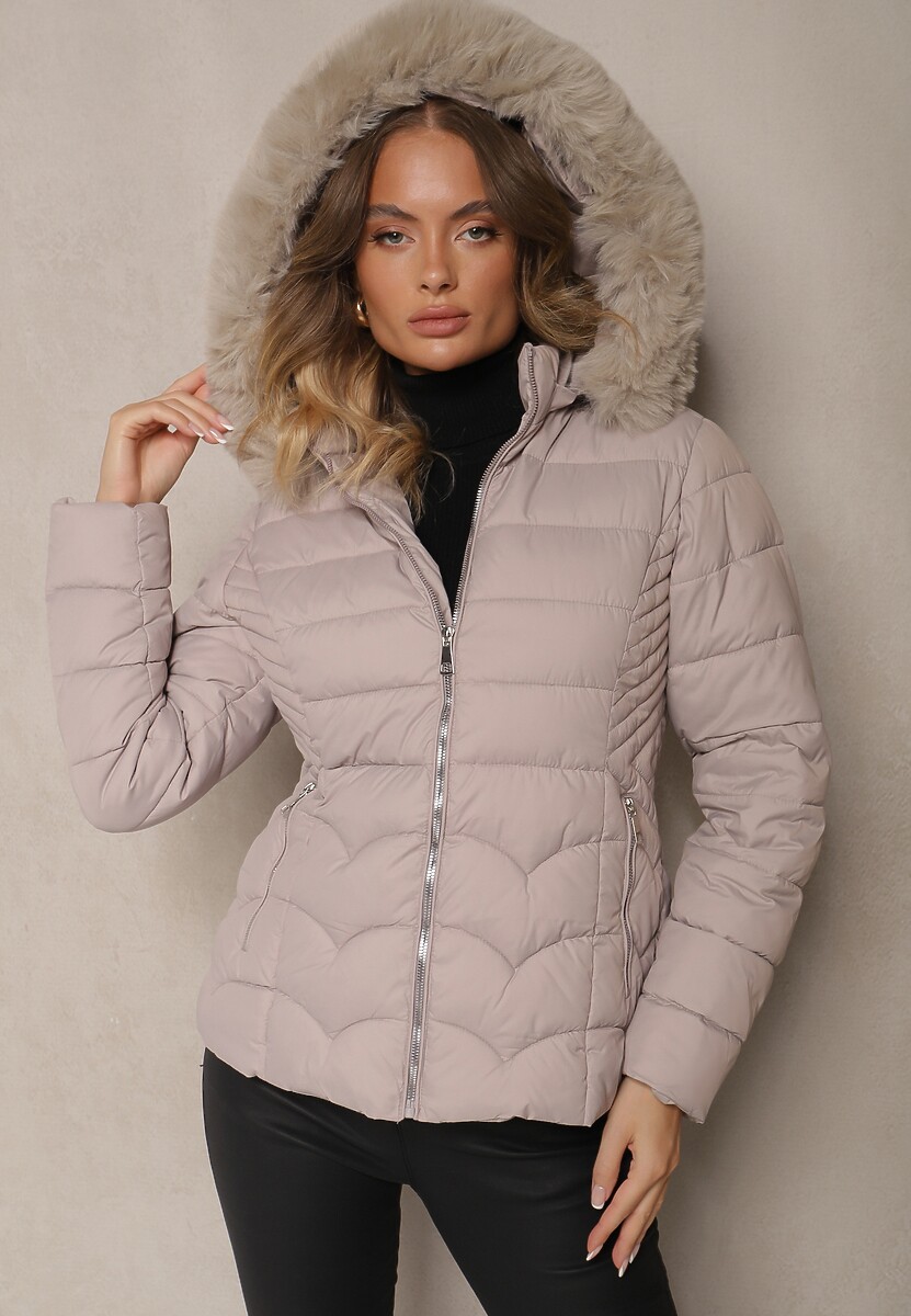 Jasnoszara Kurtka z Pikowanymi Przeszyciami i Odpinanym Kapturem Ocieplana Futrem Reanara
