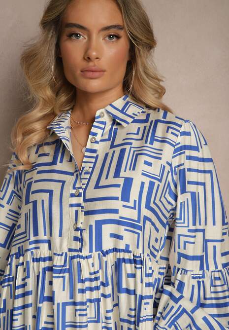 Niebieska Rozkloszowana Sukienka z Wiskozą w Geometryczny Print Apirestia