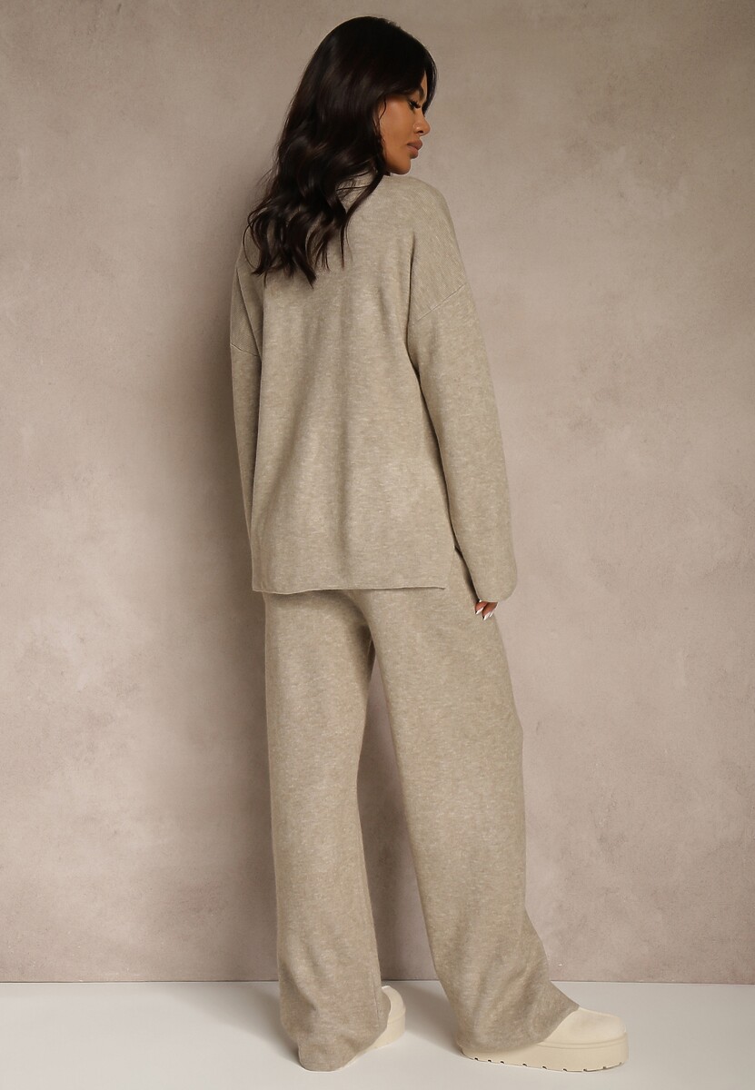 Beżowy Komplet Oversize z Dzianiny z Wełną Sweter i Szerokie Spodnie Alenria