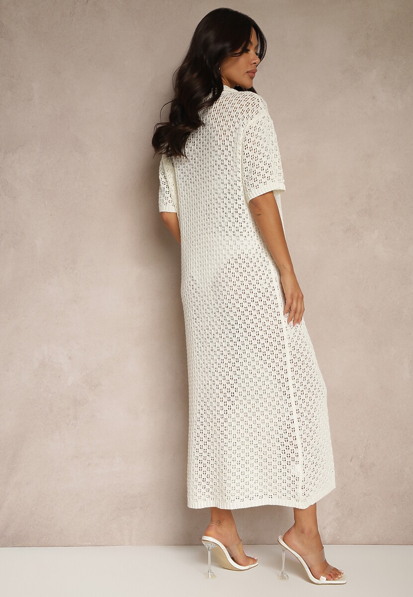 Jasnobeżowa Koszulowa Sukienka z Bawełną z Siateczki Folesia