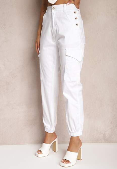 Białe Spodnie Bawełniane o Fasonie Bojówek High Waist z Guzikami Amatnosha