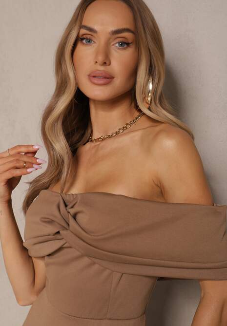 Brązowa Sukienka Rozkloszowana Ozdobiona Kokardą Odarra