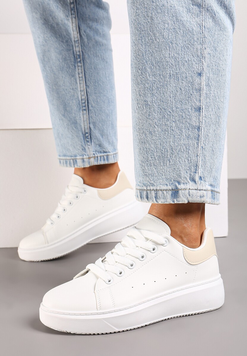 Biało-Beżowe Casualowe Sneakersy na Platformie ze Sznurowaniem Tialorae