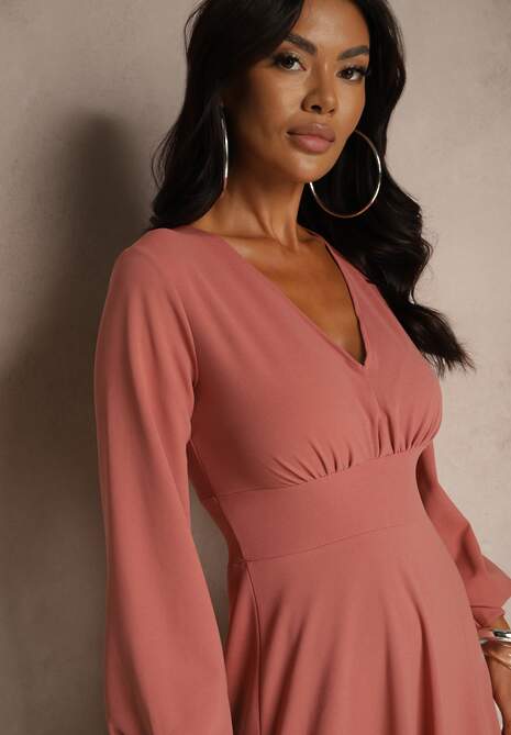 Różowa Koktajlowa Sukienka z Ozdobnym Rozcięciem na Nogę Erullia