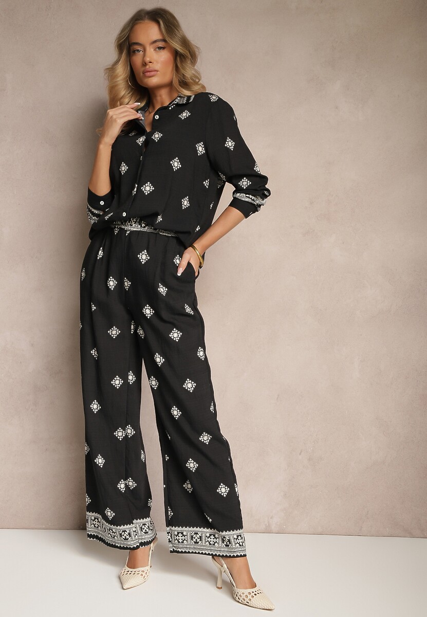 Beżowy Komplet z Wiskozą Koszula i Szerokie Spodnie w Etno Wzór Tatanelis