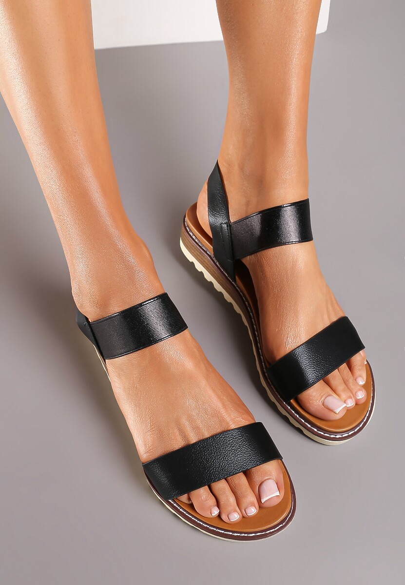 Czarne Casualowe Sandały na Płaskiej Podeszwie Imitującej Korek bez Zapięcia Biorena