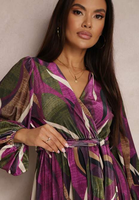 Fioletowa Welurowa Sukienka z Kopertowym Dekoltem i Wiązanym Paskiem Rarle