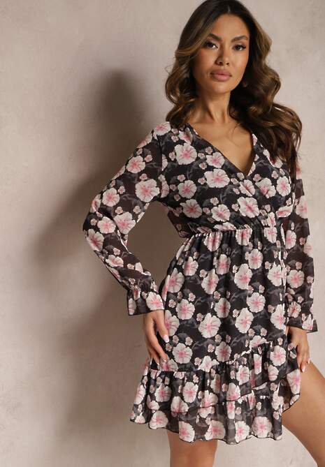Czarna Krótka Sukienka w Kwiatowy Wzór z Dekoltem V Icarba