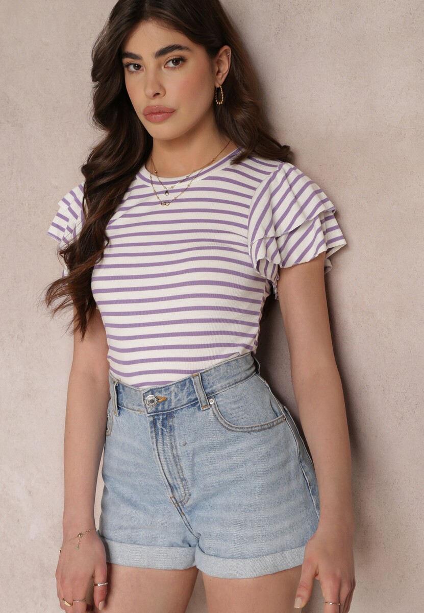 Fioletowo-Biała Pasiasta Bluzka z Prążkowanej Wiskozy z Dwuwarstwowymi Rękawami Lisete