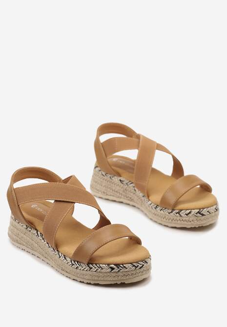 Brązowe Wsuwane Sandały na Niskim Koturnie z Jutową Plecionką Xarneli