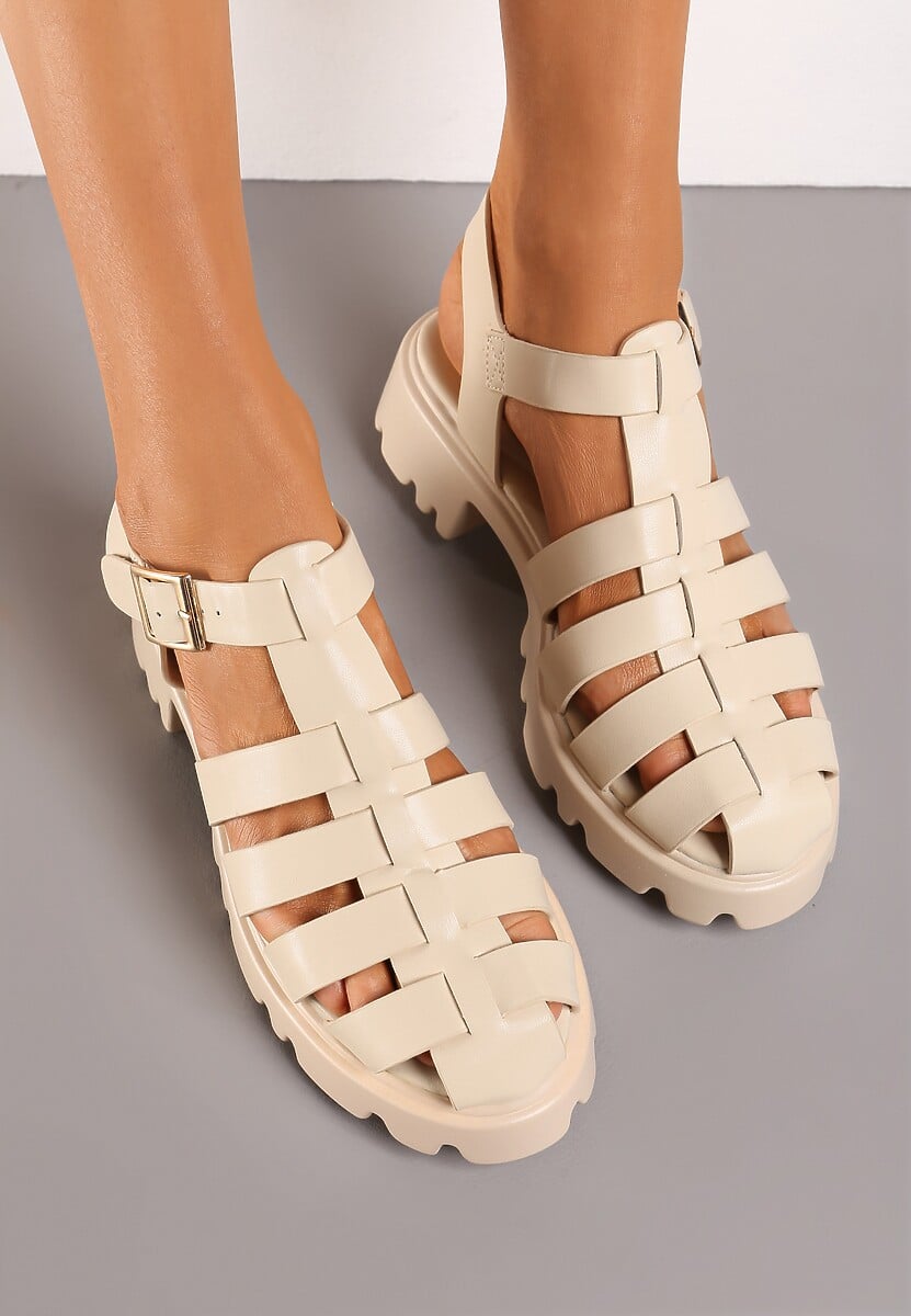 Beżowe Sandały Zapinane wokół Kostki na Sprzączkę z Wycięciami na Grubej Podeszwie Vapira