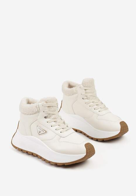 Beżowe Sneakersy Śniegowce Vices na Platformie Ozdobione Trójkątną Aplikacją Ficebia