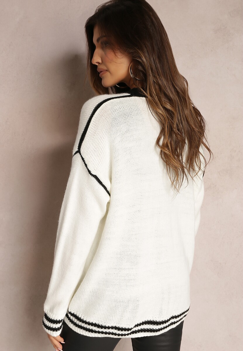 Biały Kardigan z Metalicznymi Guzikami i Ozdobnymi Lamówkami Abovza