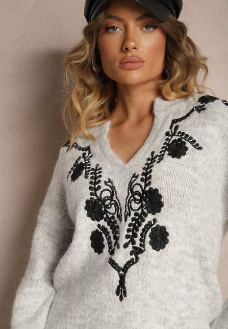 Szary Sweter z Wełną i Metalicznym Wzorem w Kwiaty Senithea