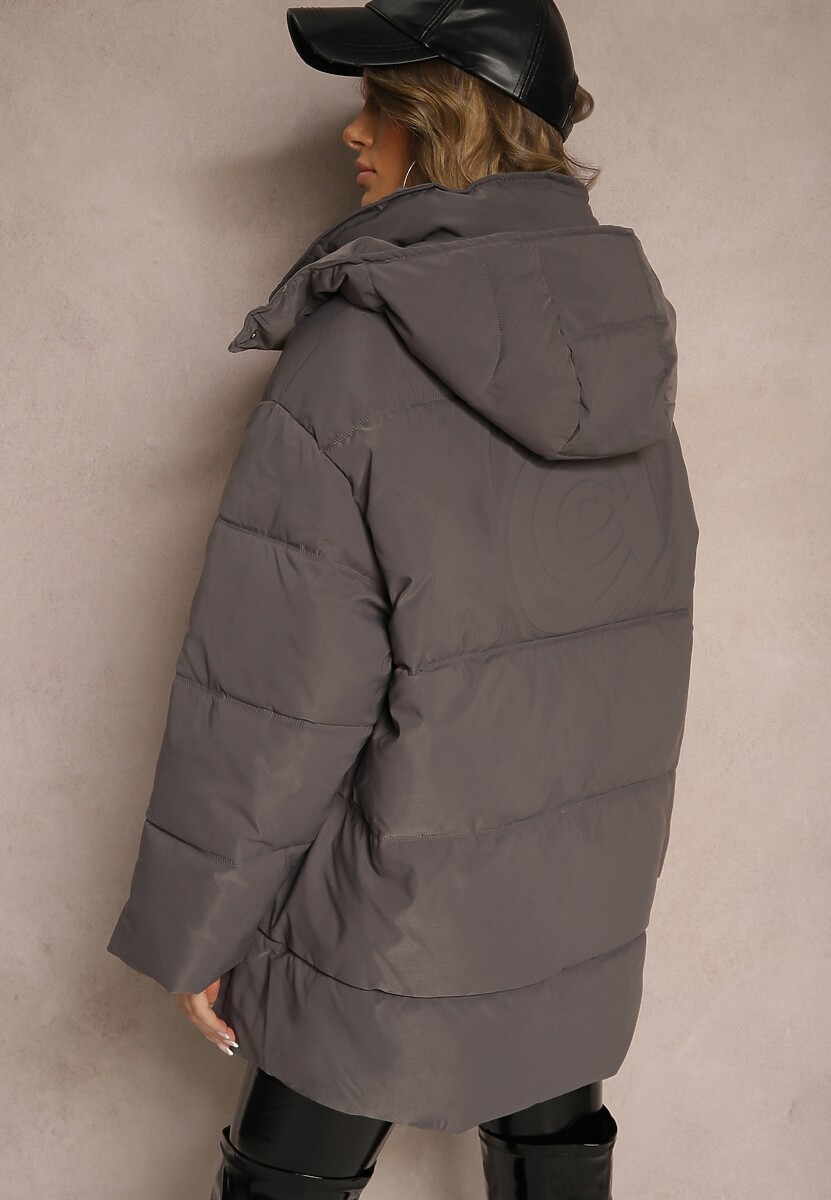 Ciemnoszara Kurtka Oversize z Pikowanymi Przeszyciami Kapturem Kieszeniami i Cyrkoniami Etairea