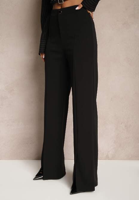 Czarne Eleganckie Spodnie High Waist o Szerokim Kroju z Wiskozą i Rozcięciami Yurlea