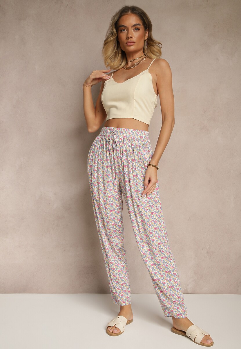 Zielono-Czarne Spodnie z Wiskozy High Waist w Kwiatowy Wzór Liosena