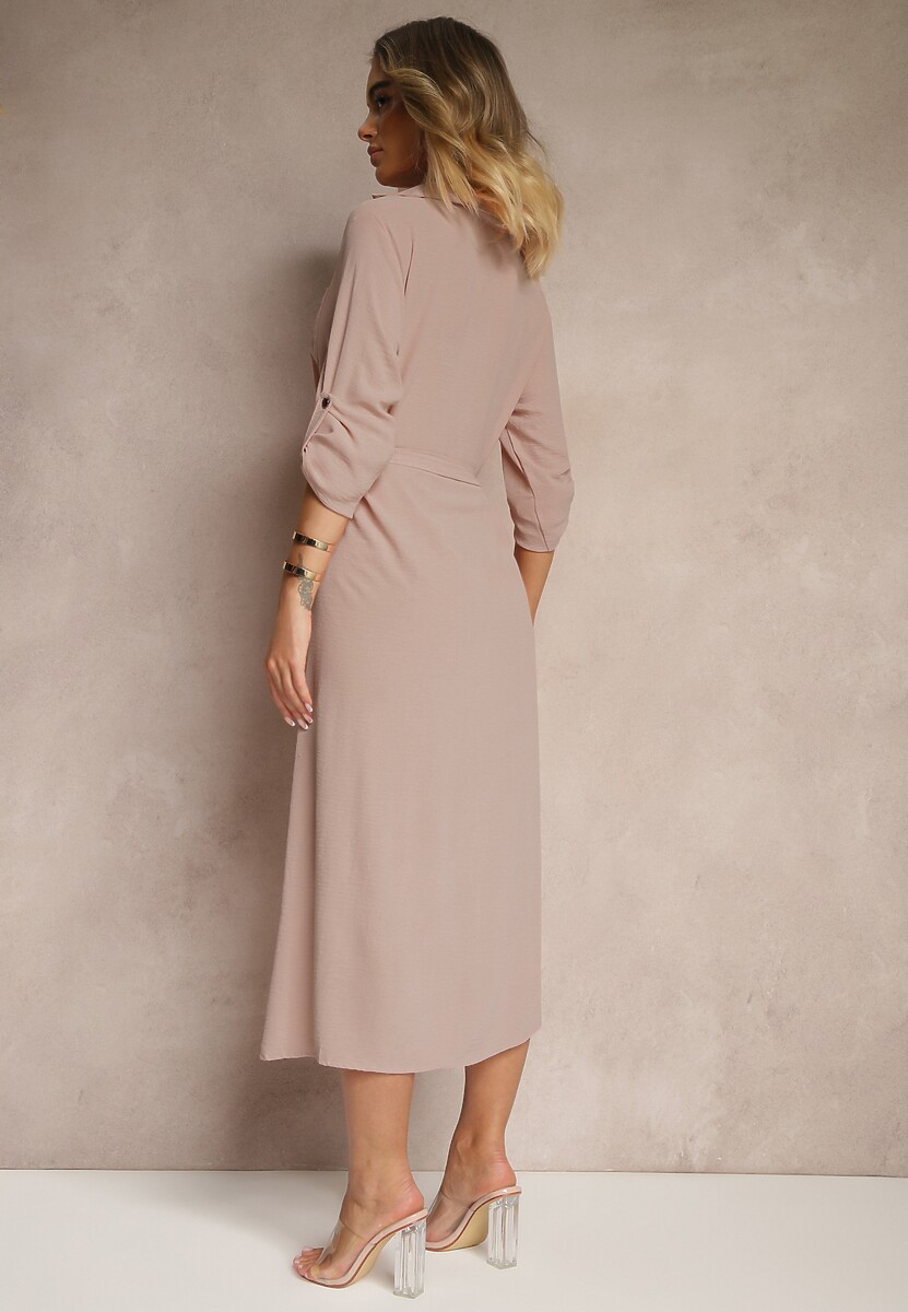 Ciemnobeżowa Sukienka Koszulowa Ozdobiona Paskiem Vivirielle